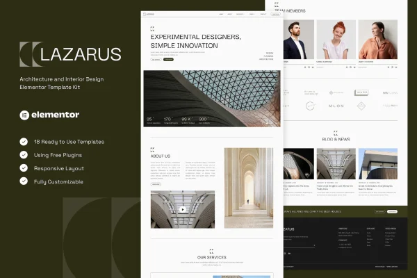 Lazarus architecture and interior design Elementor template kit preview