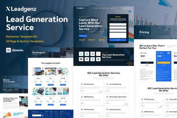 Leadgenz lead generation and sales agency Elementor template kit preview
