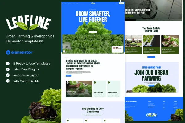 Leafline urban farming and hydroponics Elementor template kit preview