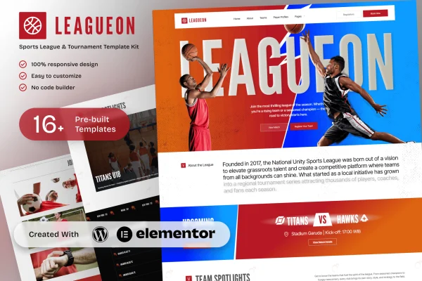 Leagueon sports league and tournament Elementor template kit preview