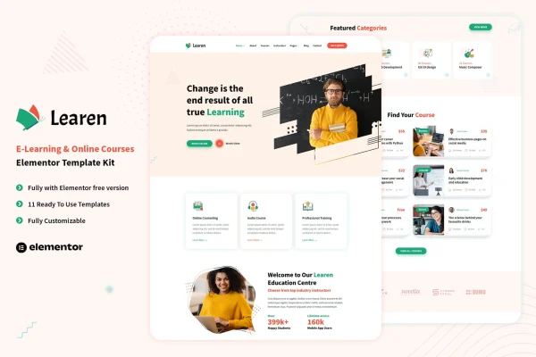 Learen e-learning and online courses Elementor template kit preview