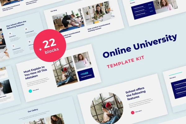 Learnex distance education Elementor template kit preview showing course website pages