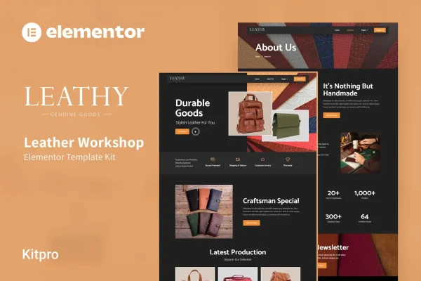 Leathy leather workshop Elementor template kit preview