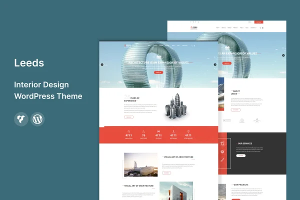 Leeds interior design WordPress theme preview with portfolio and room photography