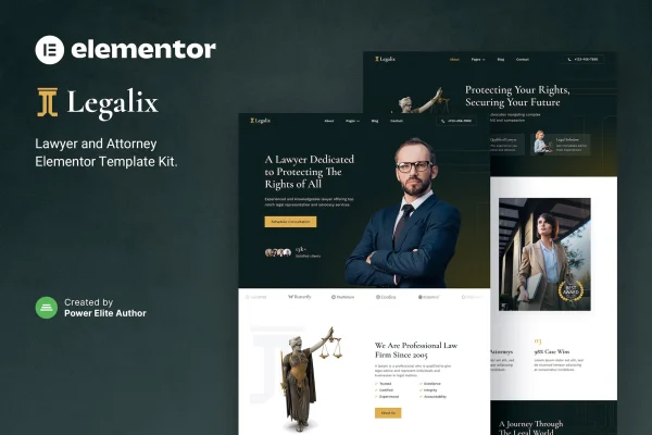 Legalix lawyer and attorney Elementor template kit page previews