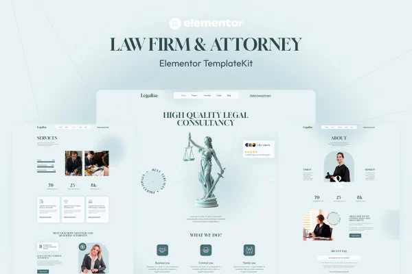 Legalize law firm and attorney Elementor template kit cover image