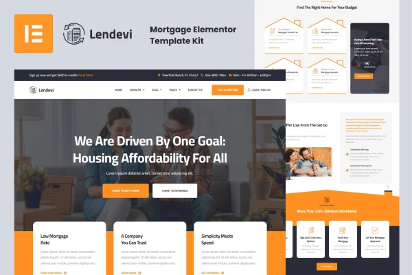Lendevi mortgage Elementor template kit preview showing website page layouts