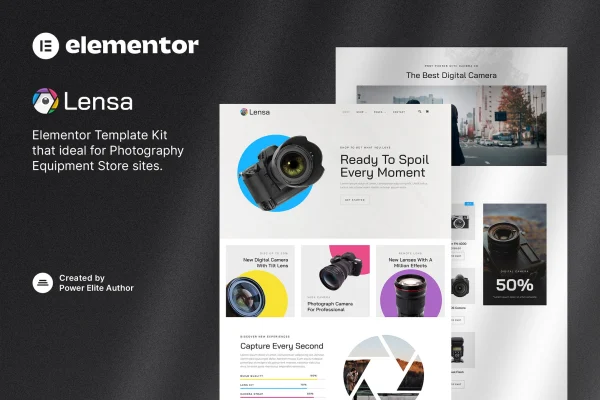 Lensa camera and photography equipment store Elementor template kit preview