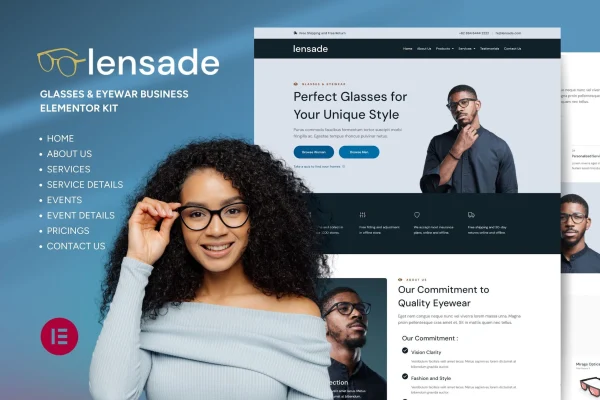 Lensade glasses and eyewear Elementor template kit preview