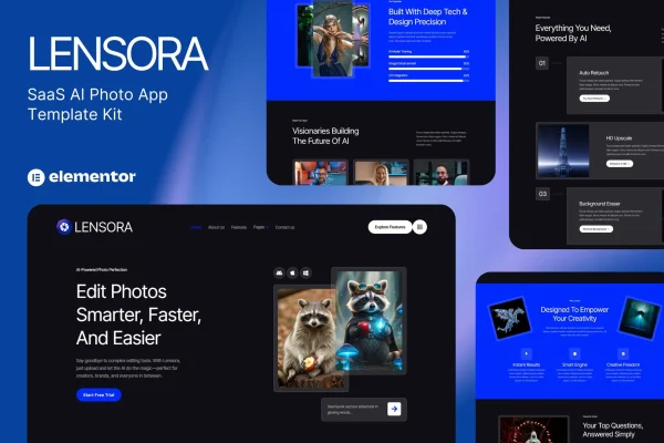 Lensora Elementor template kit cover showing an AI photo app website design