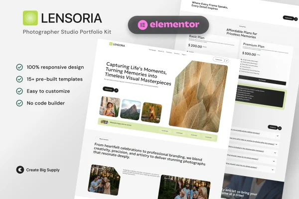 Lensoria photographer portfolio Elementor template kit cover image