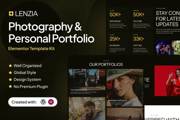 Lenzia photography and personal portfolio Elementor template kit preview