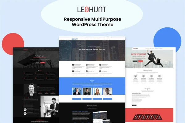 LeoHunt multipurpose WordPress theme cover image showing homepage layouts