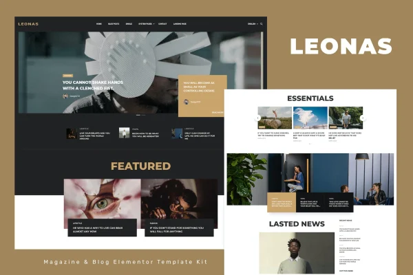 Leonas blog and magazine Elementor template kit preview showing homepage layouts