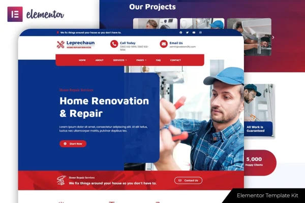 Leprechaun home repair Elementor template kit page layouts preview