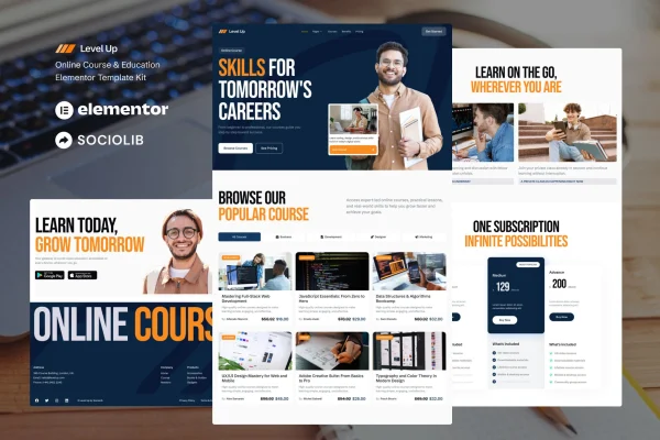 Level Up online course and education Elementor template kit preview