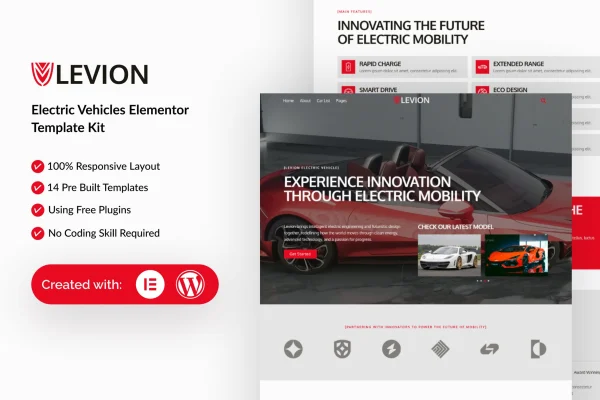 Levion electric vehicle Elementor template kit preview showing page layouts