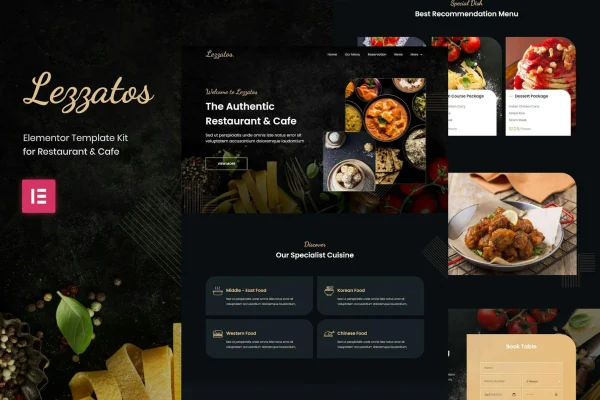 Lezzatos restaurant and cafe Elementor template kit preview