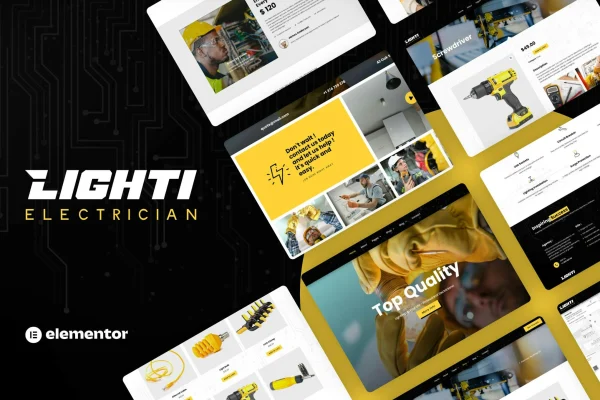 Lighti electrician Elementor Pro template kit cover showing website page layouts