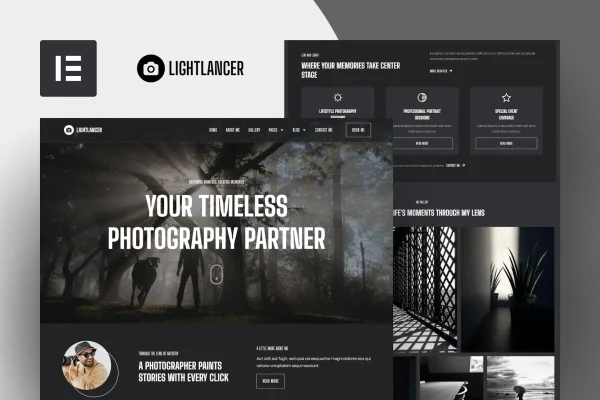 Lightlancer photographer Elementor template kit cover image with dark portfolio layouts