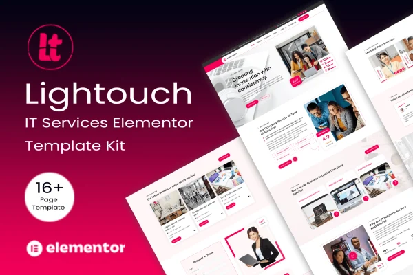 Lightouch IT Solutions Elementor template kit cover showing tech business website pages