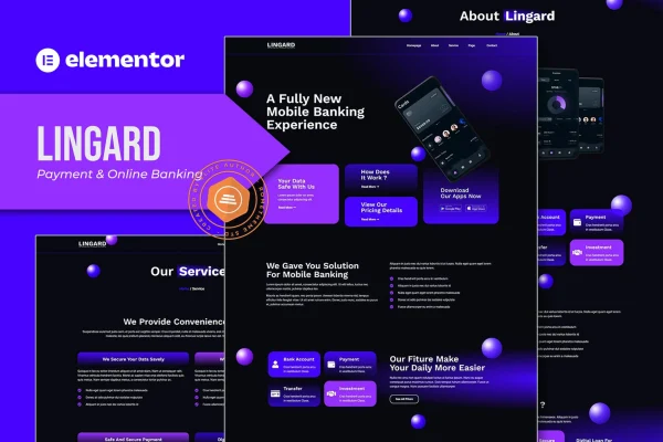 Lingard payment and online banking Elementor template kit preview with dark design