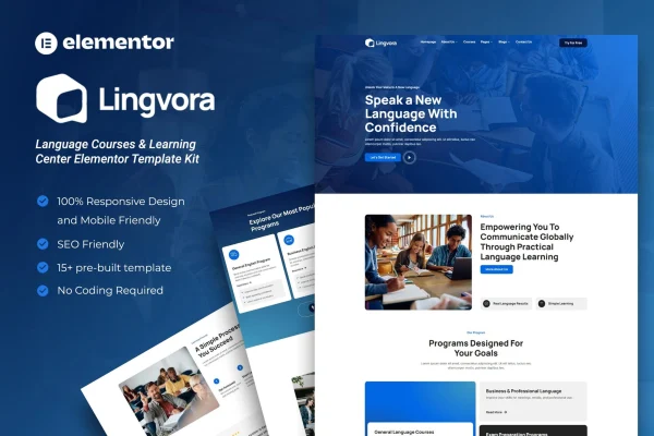 Lingvora language courses and learning center Elementor template kit preview