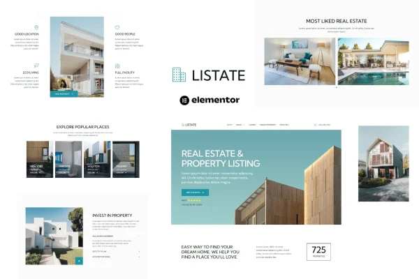 Listate real estate Elementor template kit preview with property listing pages