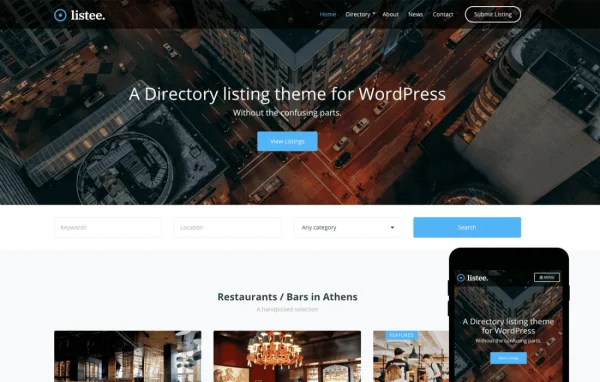 Listee directory WordPress theme preview showing a business listing website layout