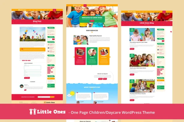 Little Ones one-page daycare WordPress theme preview with colorful kid-friendly design