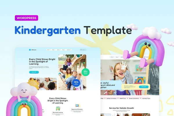LittleLand kindergarten Elementor Pro template kit preview with colorful playful page layouts