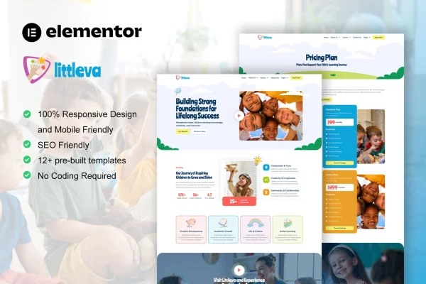 Littleva kindergarten and child care Elementor Pro template kit preview