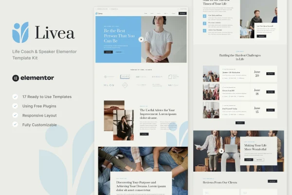 Livea life coach and speaker Elementor template kit cover showing website page designs