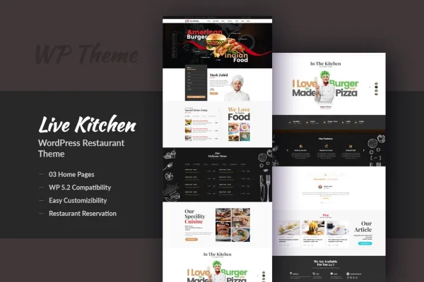 Livekitchen restaurant WordPress theme preview showing a food website homepage
