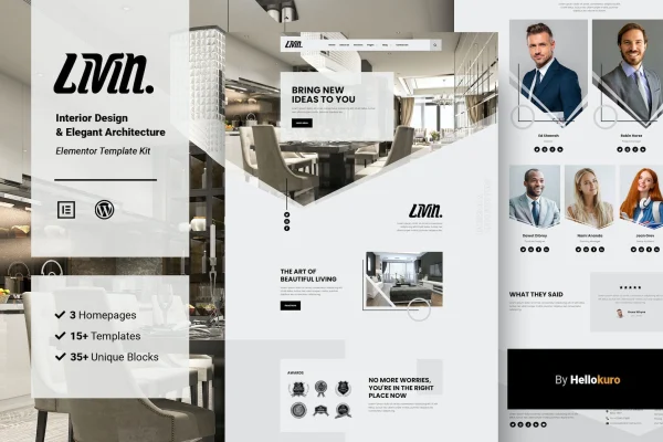 Livin interior design and architecture Elementor template kit preview
