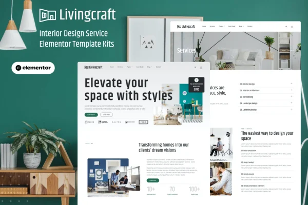 Livingcraft interior design Elementor Pro template kit cover showing page layouts