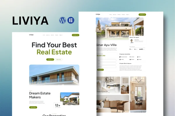 Liviya real estate Elementor template kit cover showing property website page layouts