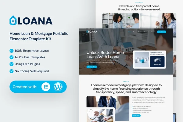 Loana home loan and mortgage Elementor template kit preview