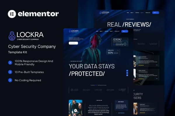 Lockra cyber security company Elementor template kit preview