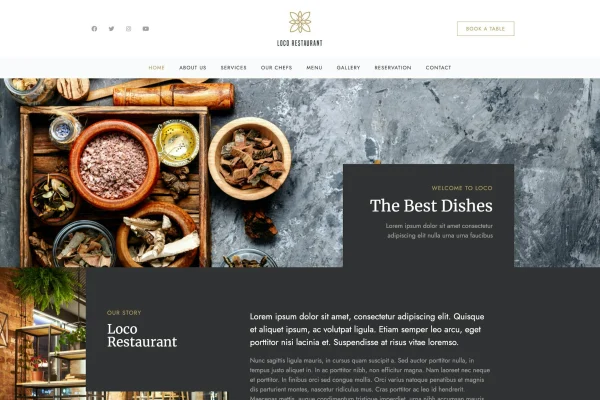 Loco Restaurant Elementor template kit preview with restaurant home page layouts