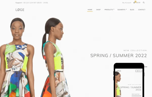 Loge WordPress theme preview showing a minimal WooCommerce storefront