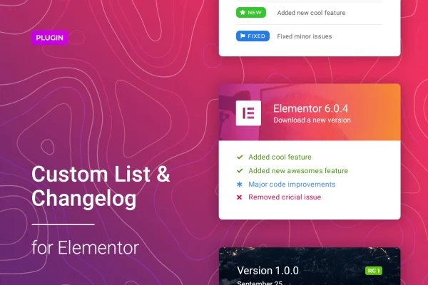 Logger for Elementor plugin banner showing a styled changelog list