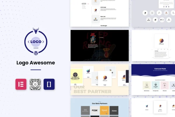Logo Awesome Pro plugin banner showing client logos in grid and carousel layouts