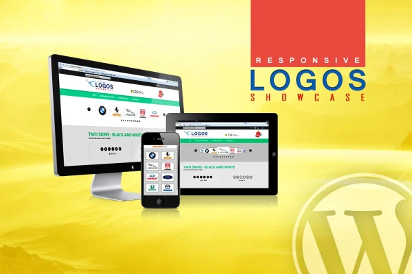 Logos Showcase plugin banner with logos shown in grid and carousel layouts