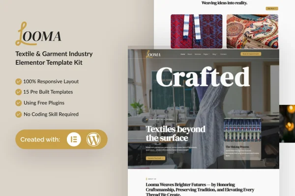Looma textile and garment industry Elementor template kit preview