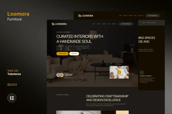 Loomora Elementor template kit cover with dark handmade furniture and interior design pages