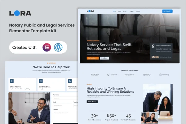 Lora notary public and legal services Elementor template kit preview