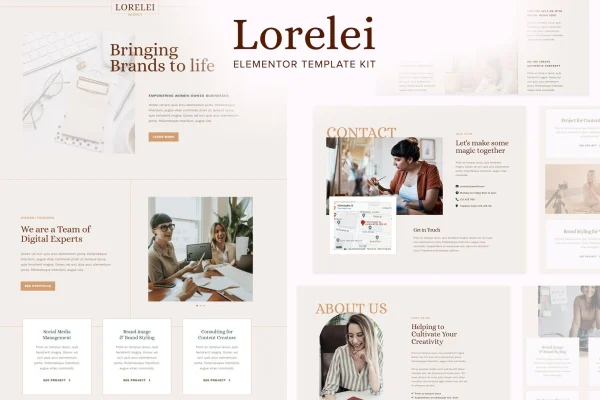 Lorelei feminine business Elementor template kit preview with bohemian page layouts