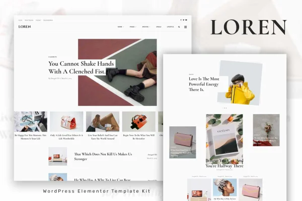 Loren blog and magazine Elementor template kit preview showing page layouts
