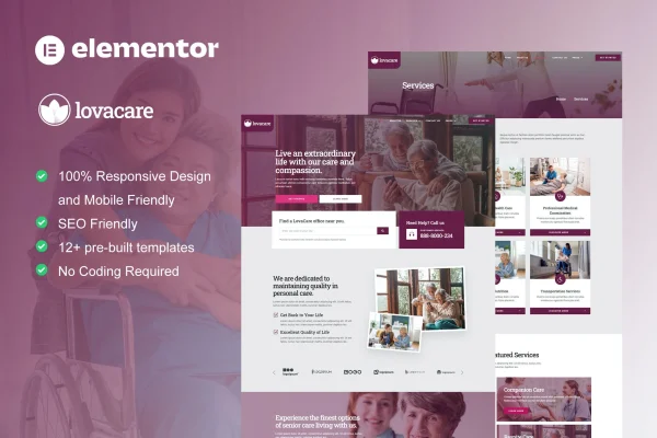 LovaCare senior care services Elementor template kit preview